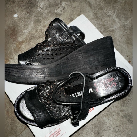 New A.S.98 Normie Wedge Black Leather Sandals Size 38 - Picture 3 of 7